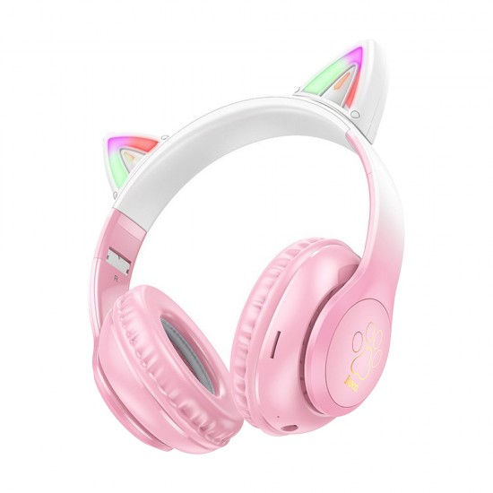 Hoco W42 Cat Ears Ασύρματα/Ενσύρματα Over Ear Παιδικά Ακουστικά με 12 ώρες Λειτουργίας Cherry Blossom ACCESORIES