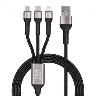 BLUE STAR braided cable 2,4A 3in1 USB A to Lightning / Micro USB / Type C TFK-DC-010 1,2 m black