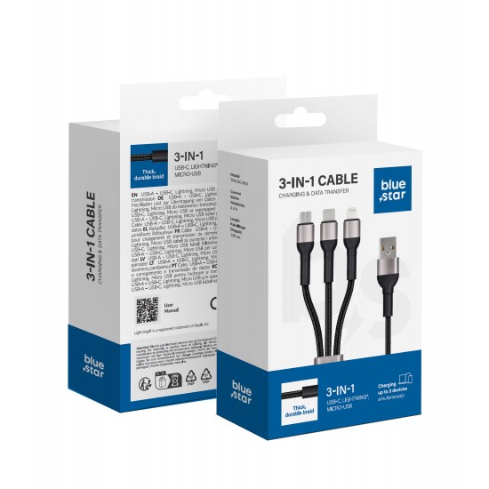 BLUE STAR braided cable 2,4A 3in1 USB A to Lightning / Micro USB / Type C TFK-DC-010 1,2 m black ACCESORIES